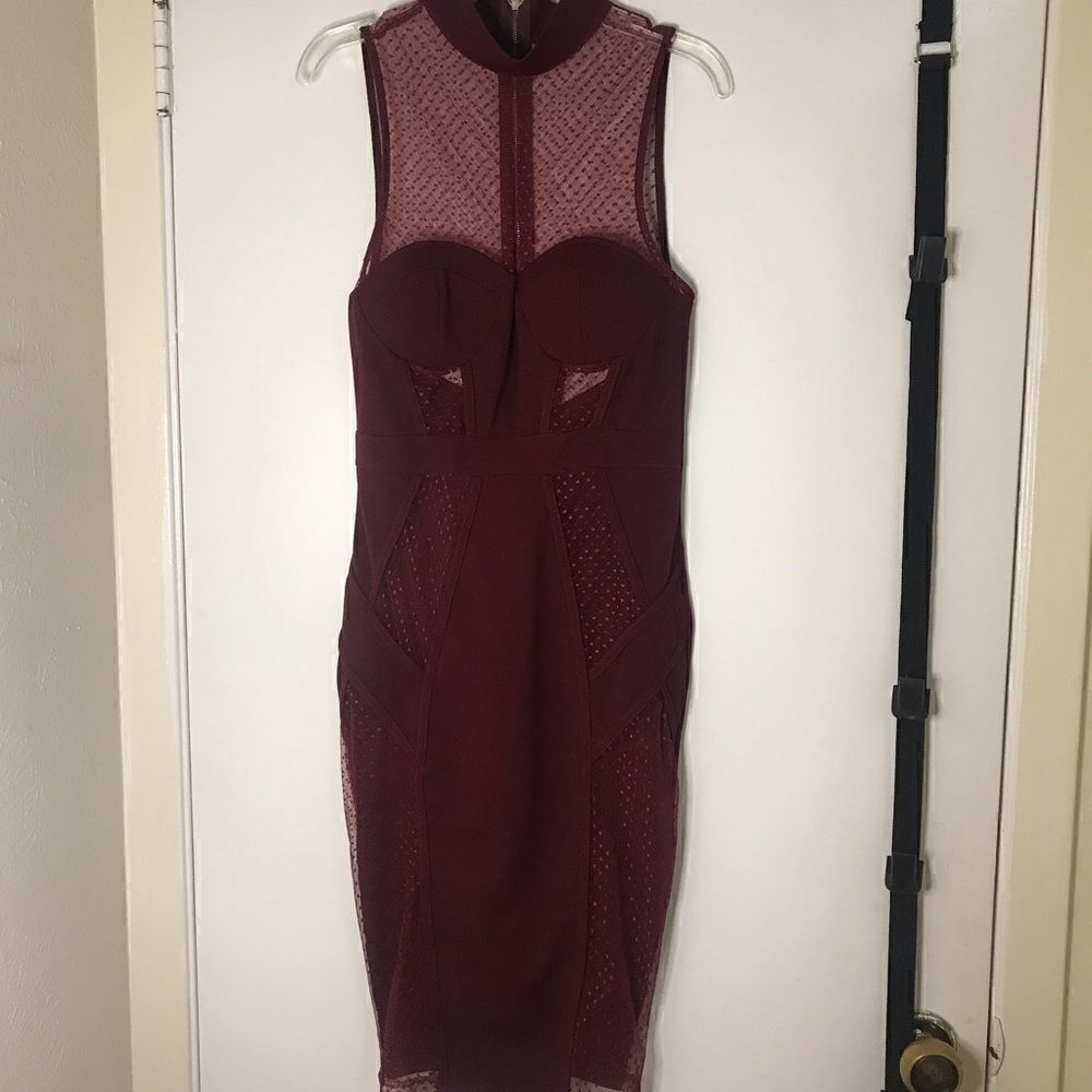 Privy Burgundy Red Sheer Mock Neck Bodycon Dress